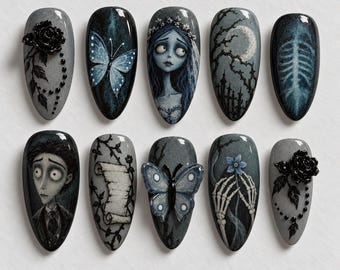Handmade Gothic Corpse Bride Nails / Dark Romance Press Ons / Tim Burton Style Fake Nails / Black Rose Skeleton Press On Nails