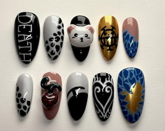 Handmade Trafalgar Law Anime Press On Nails | Heart Pirates Logo, Ope Ope Fruit & Bepo 3D Charm | Almond Nails For One Piece