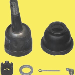 May include: A collection of car suspension components, including a ball joint, a rubber boot, a castle nut, a washer, a split pin, and a grease fitting. The parts are black and silver on a yellow background.
