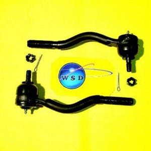 May include: Two black tie rod ends with associated hardware, including nuts and cotter pins, are displayed against a yellow background. The tie rod ends are curved and have a ball joint on one end. The image includes a logo with the letters "WSD".