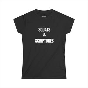 May include: Black t-shirt with the words "SQUATS & SCRIPTURES" in white block letters. The shirt has a crew neck and short sleeves. The brand name "SANCTIFIED" is printed at the top.