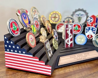 American Flag Personalized Challenge Coin Holder / Desk Display – Military, Police, Fire, EMS, First Responders