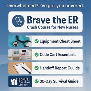 May include: A blue graphic with the text "NEW TO THE ER?" and "Brave the ER: Crash Course for New Nurses." The image includes a stethoscope, code cart, clipboard, and gift box with the text "30-Day Survival Guide."