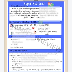 Op de afbeelding: Een digitale download met de titel "Sepsis Scenario - Urosepsis" met een blauw en wit ontwerp. Het document bevat secties over patiëntpresentatie, belangrijkste bevindingen en pathofysiologie. Tekst bevat medische termen en gegevens.