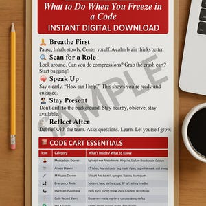 May include: A clipboard with a red header that reads "What to Do When You Freeze in a Code." Below, the text says "Instant Digital Download." The clipboard contains bullet points and a table of "Code Cart Essentials."