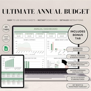 Ultimate Annual Budget Finance Tracker Spreadsheet | Monthly + Annual Planner | Google Sheets - Debt, Savings, Bills, Subscriptions