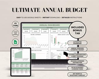 Feuille de calcul du budget annuel ultime | Modèle de budget Google Sheets | Suivi budgétaire mensuel | Suivi de factures | Planificateur financier