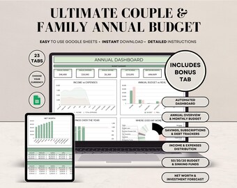 Feuille de calcul ultime pour le suivi du budget annuel des couples et des familles | Agenda mensuel + annuel | Feuilles de calcul Google - Dettes, économies, factures et plus