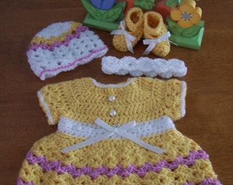 Crocheted Baby Yellow~Pink Easter Spring Dress Set READY TO SHIP!!