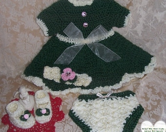 Crocheted Evergreen Dress Set 0-3 Months READY TO SHIP Christmas~Holiday~newborn~shower