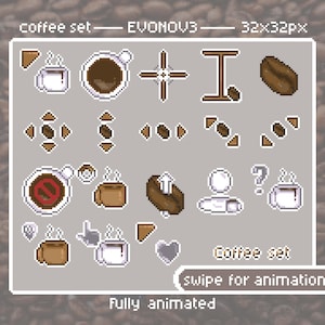 May include: A pixel art coffee set featuring various icons including coffee mugs, beans, and cursor elements. Text includes coffee set, EVONOV3, 32x32px, swipe for animation, and fully animated. The icons are rendered in brown, white, and gray tones.