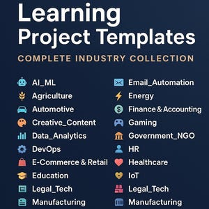 May include: Dark blue graphic with white text: "AI & Machine Learning Project Templates." Below, "COMPLETE INDUSTRY COLLECTION." Icons and industry names include AI_ML, E-Commerce & Retail, Healthcare, and more.