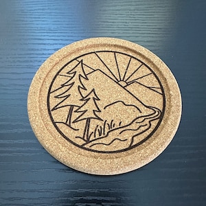 Drink Coaster - Mountain Trees PNW Design Laser-engraved Cork | Wedding Gift | Anniversary Gift | Housewarming Gift | Cup Glass Topper