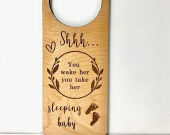 Laser-engraved Wood Doorknob Hanger | Door Hangers for Baby | Baby Shower | His or Hers Baby Gift | Quiet Baby Sleeping | Optional hole size