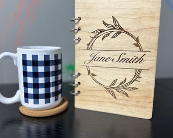 Notebook Personalized Laser-engraved Wood | 6-Ring Refillable Notebook | Notepad | Sketchbook | Gift