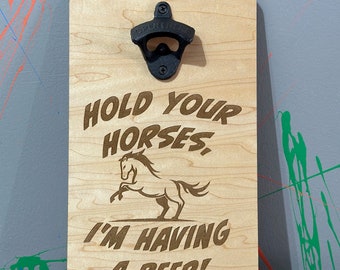 Laser-engraved Wood Bottle Opener with Magnet Bottle Cap Catcher | Magnetic Bottle Opener | Horse-themed Gift | Man Cave Gift