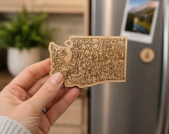Wood Magnet | Washington State Shaped | Laser Engraved with PNW Icons and LandMarks