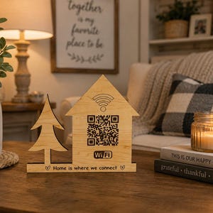 WiFi Scannable QR Code Laser Engraved Wood Sign: House & Tree Design