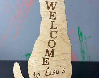 Personalized Cat Welcome Sign: Laser Engraved Wood, Unique Home Decor Wall Art