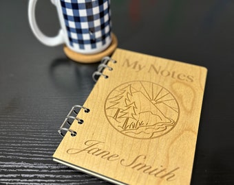 Personalized Wood Notebook: Laser-Engraved Mountain River Design, 6-Ring Refillable A5 Notepad