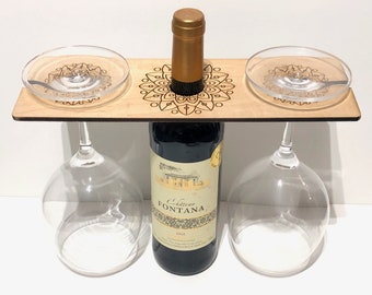 Laser-Engraved Wood Wine Caddy, Wine Carrier, Wine Butler - Sunflower Design