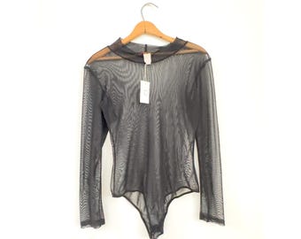 Vintage 90's Bodysuit Black Mesh Sheer - Large