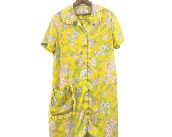 Vintage 60s/70s Rhapsody House Dress Yellow Floral Cotton Blend M/L