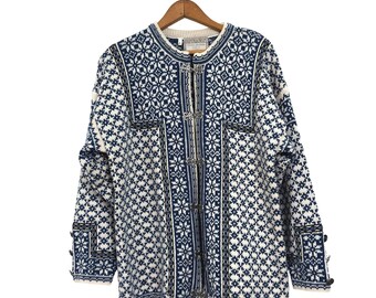 Vintage 90s Norlender Cardigan Sweater Blue Cream Wool - S