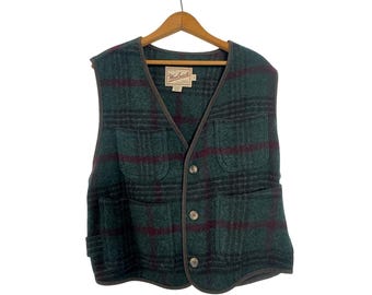 Vintage 90s Woolrich Plaid Wool Blend Vest Green Burgundy - Medium