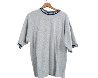 Vintage 90's Jerzees Ringer T-Shirt Grey Cotton Blend Large