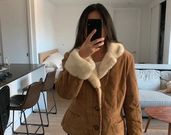 Vintage Western Shearling Jacket | Genuine Leather Suede Workwear Coat | Warm Retro Outerwear for Her