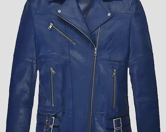 Blaue Leder Bikerjacke | Slim Fit Motorradmantel