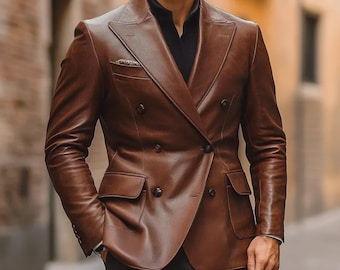 Brown Nappa Lambskin Leather Blazer | Men's Two-Button Jacket
