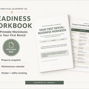 Może przedstawiać: Cyfrowy skoroszyt przygotowawczy dla nieruchomości na wynajem pod tytułem The Practical Blueprint Co. Readiness Workbook. Zawiera 10 arkuszy do druku, podgląd nieruchomości, kalendarz konserwacji oraz śledzenie dostawców i mediów.