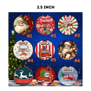 May include: Nine round car coasters, each 2.5 inches in diameter, with Christmas-themed designs. The coasters feature images of Santa Claus, holiday decorations, and text that reads "Merry Christmas".