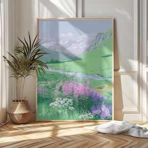 Watercolor Mountain Meadow Landscape: Wildflower River Art (Digital Download)