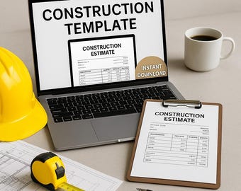 May include: A laptop displays "CONSTRUCTION TEMPLATE" and "CONSTRUCTION ESTIMATE" documents. A yellow hard hat, measuring tape, and clipboard with a construction estimate are also present. A coffee mug and pen complete the scene, suggesting a construction or design theme.