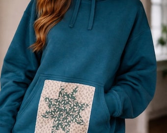Sudadera con capucha verde para mujer con parche a juego en el bolsillo delantero, talla XL.