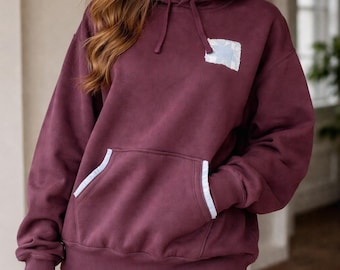 Womens maroon hoodie jean patch on front jean embellishments on pockets