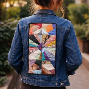 Jeansjack dames leuke quilt patch op achterkant maat Large merk Sonoma