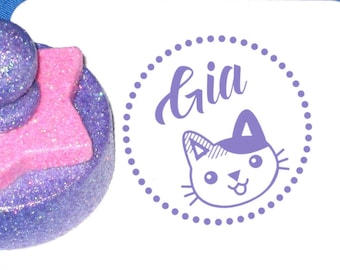 Kitty Name Stamp, Cute Personalized Cat Stamp, Little Girls Cat Rubber Stamp, Cute Kitten Face Custom Stamp for Girls, Pink and Purple Gift