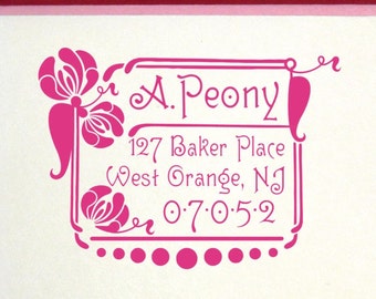 Peony Art Nouveau Custom Address Stamp, Art Nouveau Flower, Art Deco Peony Flower, Art Nouveau Wedding Address Stamp, Custom Wedding Stamp