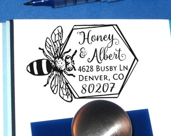 Honey Bee Address Stamp, Apiary Custom Stamp, Honeycomb Hexagon Bumble Bee Address, Bee Keeper, Honey Brand Stamp, Apiary Stationery  11