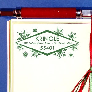Tampon auto-encreur des Fêtes, Tampon d'adresse flocon de neige, Tampon d'adresse de Noël rétro, Carte de Noël, Géométrique, Forme de losange, Cartes de vœux