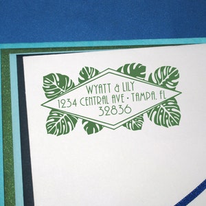 Tampon d'adresse tropical, Tampon feuille de Monstera personnalisé, Feuilles tropicales géométriques, Tampon d'adresse Monstera, Tampon de faire-part de mariage, Art déco