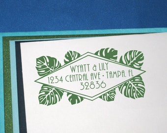 Tropical Address Stamp, Custom Monstera Leaf Stamp, Geometric Tropical Leaves, Monstera Address Stamp, Wedding Invitation Stamp, Art Deco