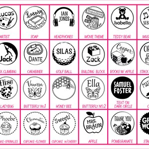May include: A set of 36 black and white rubber stamps with various designs and text. The stamps are arranged in a grid of four rows and nine columns. Each stamp has a white border and a black interior. The designs include a ladybug, a butterfly, a honey bee, a cupcake, a golf ball, a book, a teddy bear, a music note, a rock climber, a carbineer, a building block, a crow, a pomegranate, a starburst, and more. The text on the stamps includes names, phrases, and descriptions of the designs.