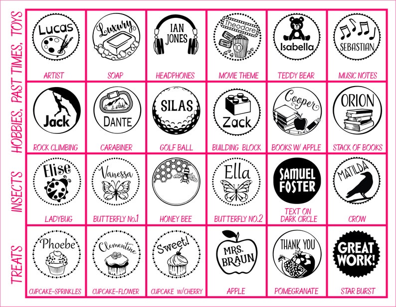 May include: A set of 36 black and white rubber stamps with various designs and text. The stamps are arranged in a grid of four rows and nine columns. Each stamp has a white border and a black interior. The designs include a ladybug, a butterfly, a honey bee, a cupcake, a golf ball, a book, a teddy bear, a music note, a rock climber, a carbineer, a building block, a crow, a pomegranate, a starburst, and more. The text on the stamps includes names, phrases, and descriptions of the designs.