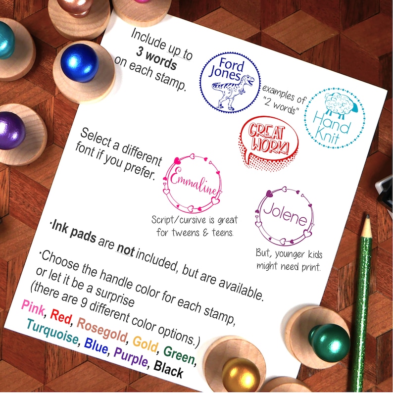 May include: A white sheet of paper with instructions for creating personalised stamps. The instructions include information about the number of words that can be included on each stamp, font options, and ink pad availability. The paper also shows examples of different stamp designs, including a dinosaur, a speech bubble, a sheep, and a heart-shaped design.