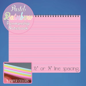 May include: Pastel Rainbow Penmanship Notebook with 5 paper colors. The notebook has a pink cover with lined pages and a black spiral binding. The line spacing is 1/2 inch or 3/4 inch.